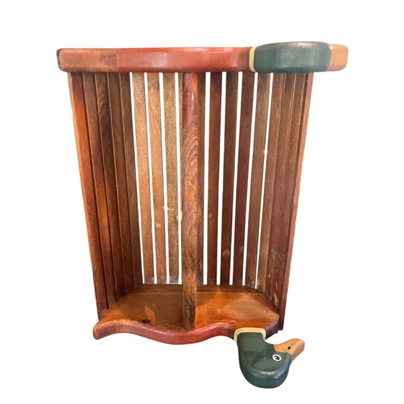 Vtg 18" Wooden Sawmill Critters Mallard Duck Slatted Wood Carry Basket Rustic Co - Picture 4 of 8